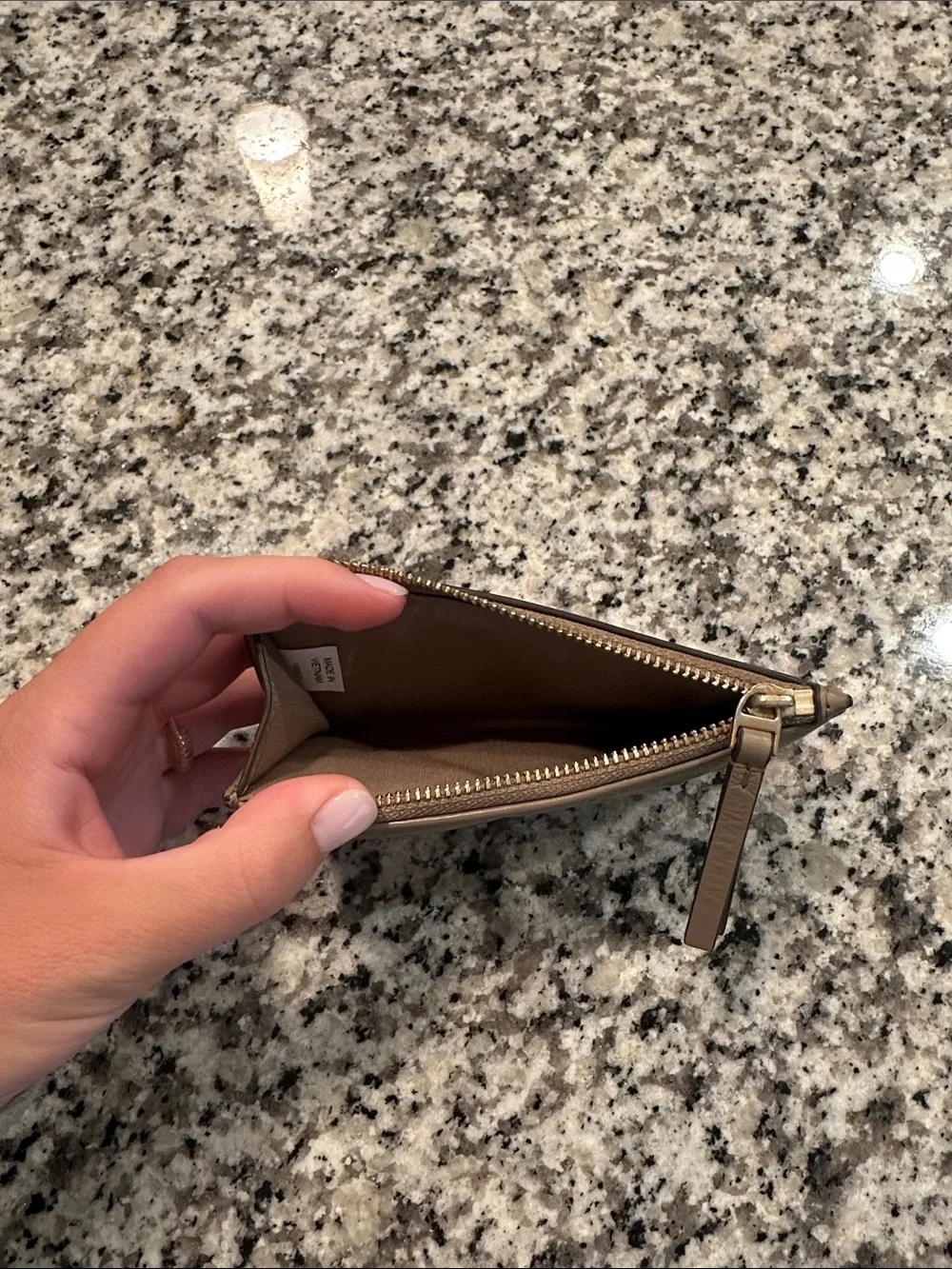 Tory Burch Quilted Taupe Leather Zip Card Holder with Gold Logo